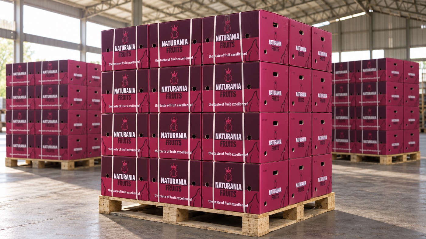 Pallets of Naturania Fruits produce ready for export from the warehouse